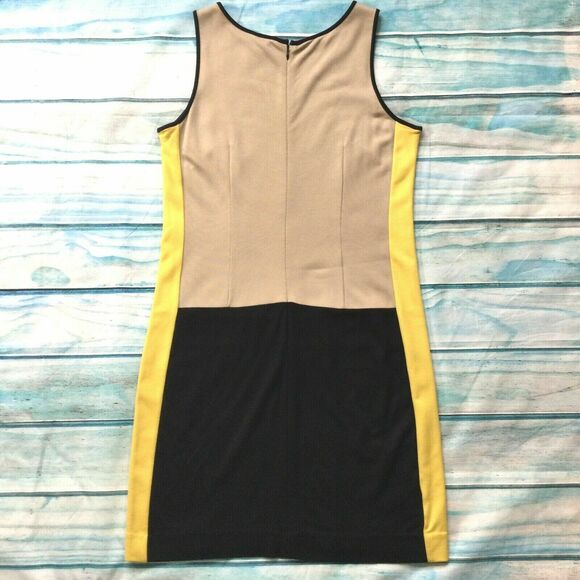 Ann Taylor Womens Dress size Medium Petite Tan Black Yellow Sheath Soft Stretch - Picture 10 of 12